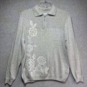 Alfred Dunner Sweater Women’s Medium Gray Embellished Floral Beaded 1/4 Zip